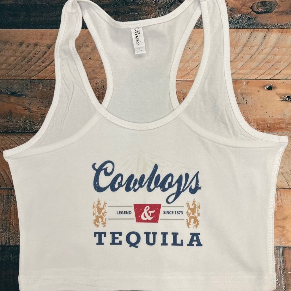 Cowboys and Tequila white western cropped ladies tank top